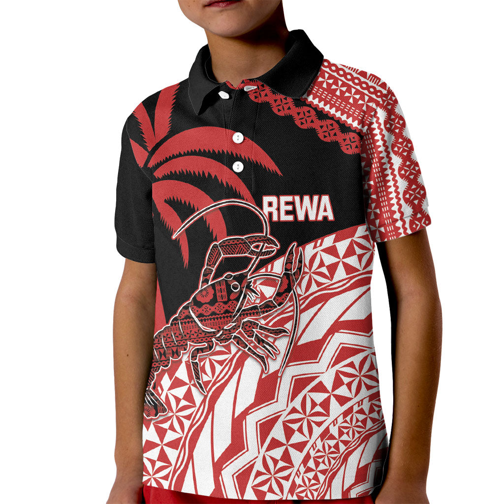 Rewa Fiji 2026 Rugby Custom Kid Polo Shirt Ura Prawn Fijian Tapa Pattern LT14 Kid Red - Polynesian Pride