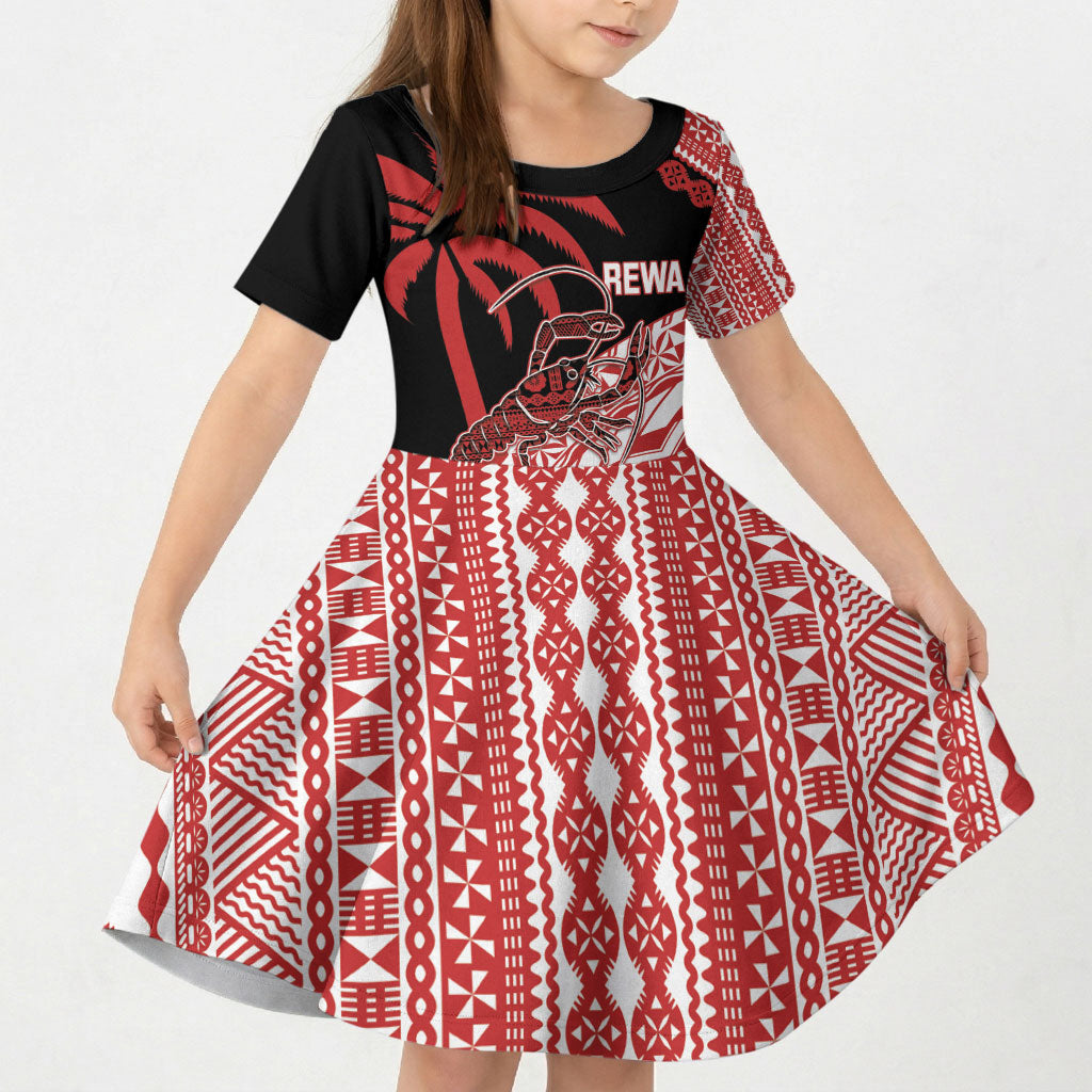 Rewa Fiji 2026 Rugby Custom Kid Short Sleeve Dress Ura Prawn Fijian Tapa Pattern