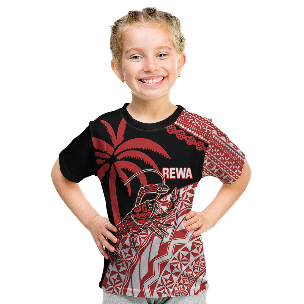 Rewa Fiji 2026 Rugby Custom Kid T Shirt Ura Prawn Fijian Tapa Pattern LT14 Red - Polynesian Pride