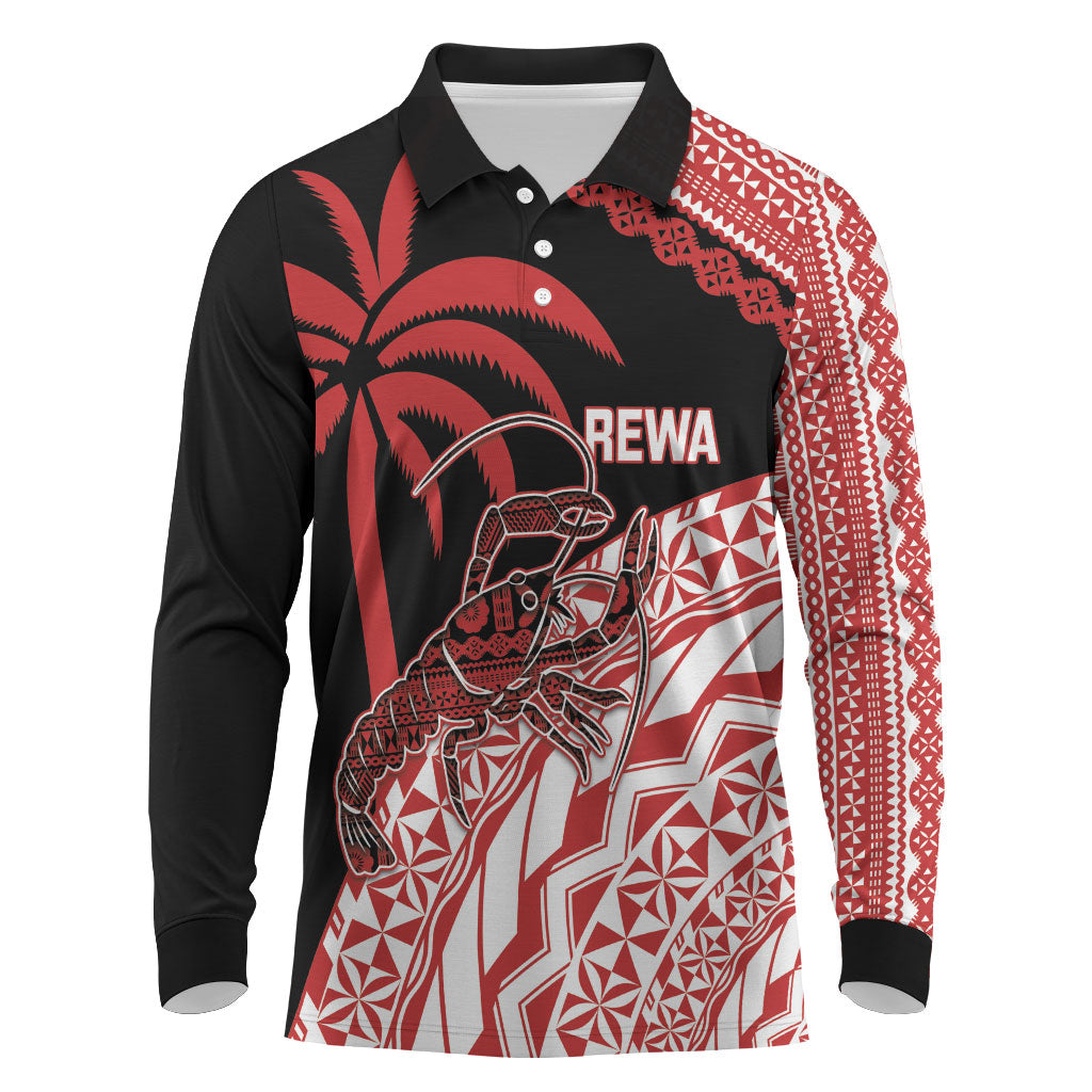 Rewa Fiji 2026 Rugby Custom Long Sleeve Polo Shirt Ura Prawn Fijian Tapa Pattern LT14 Red - Polynesian Pride