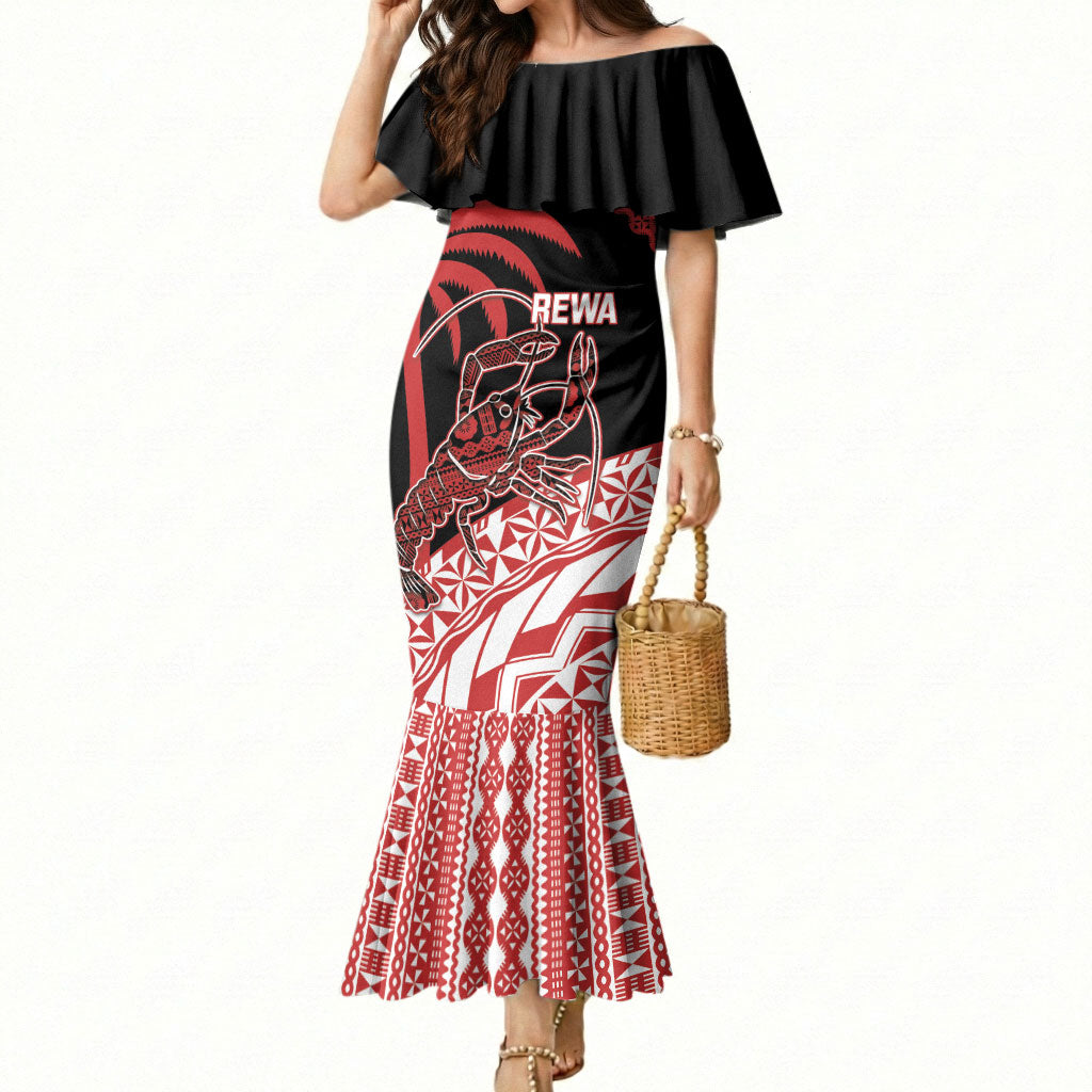 Rewa Fiji 2026 Rugby Custom Mermaid Dress Ura Prawn Fijian Tapa Pattern LT14 Women Red - Polynesian Pride