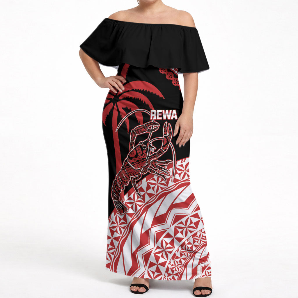 Rewa Fiji 2026 Rugby Custom Off Shoulder Maxi Dress Ura Prawn Fijian Tapa Pattern LT14 Women Red - Polynesian Pride