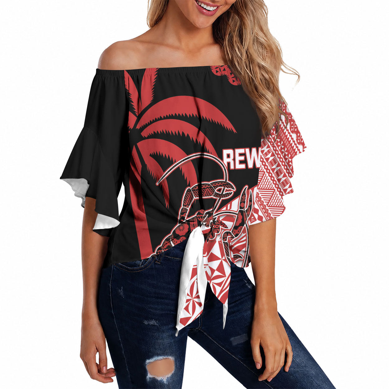 Rewa Fiji 2026 Rugby Custom Off Shoulder Wrap Waist Top Ura Prawn Fijian Tapa Pattern LT14 Red - Polynesian Pride