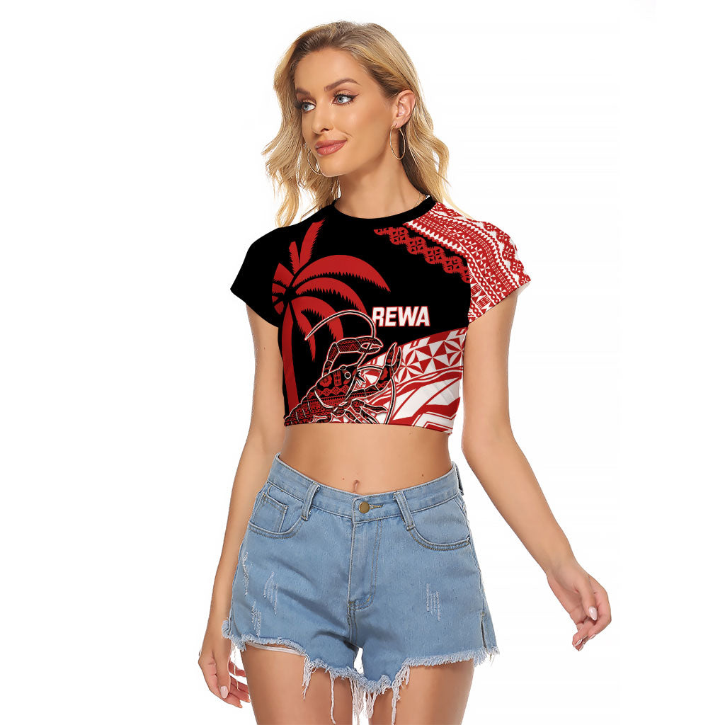 Rewa Fiji 2026 Rugby Custom Raglan Cropped T Shirt Ura Prawn Fijian Tapa Pattern LT14 Female Red - Polynesian Pride