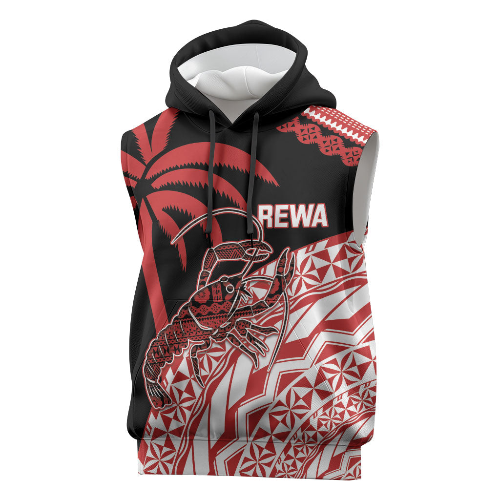 Rewa Fiji 2026 Rugby Custom Sleeveless Hoodie Ura Prawn Fijian Tapa Pattern LT14 Red - Polynesian Pride