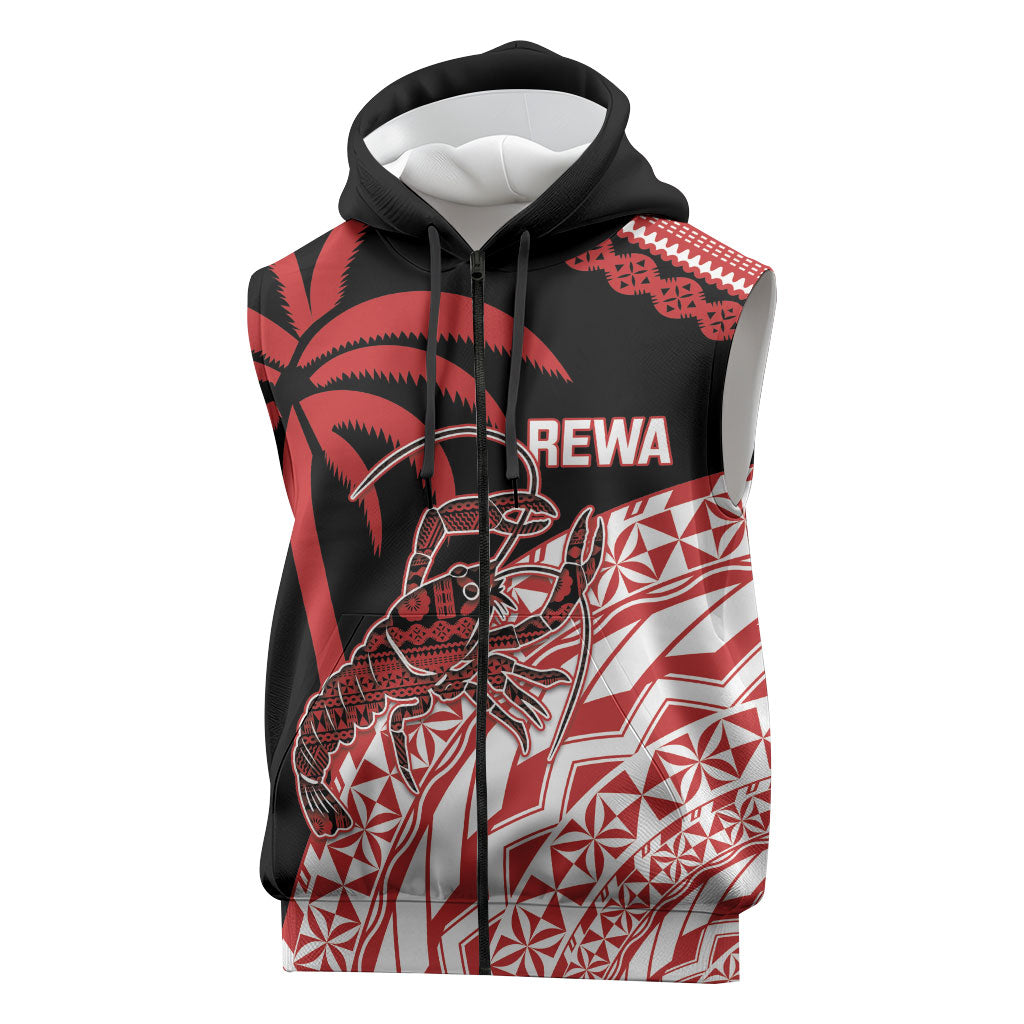 Rewa Fiji 2026 Rugby Custom Sleeveless Zip Hoodie Ura Prawn Fijian Tapa Pattern LT14 Red - Polynesian Pride