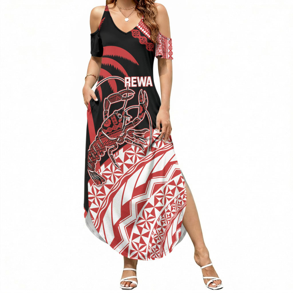 Rewa Fiji 2026 Rugby Custom Summer Maxi Dress Ura Prawn Fijian Tapa Pattern LT14 Women Red - Polynesian Pride