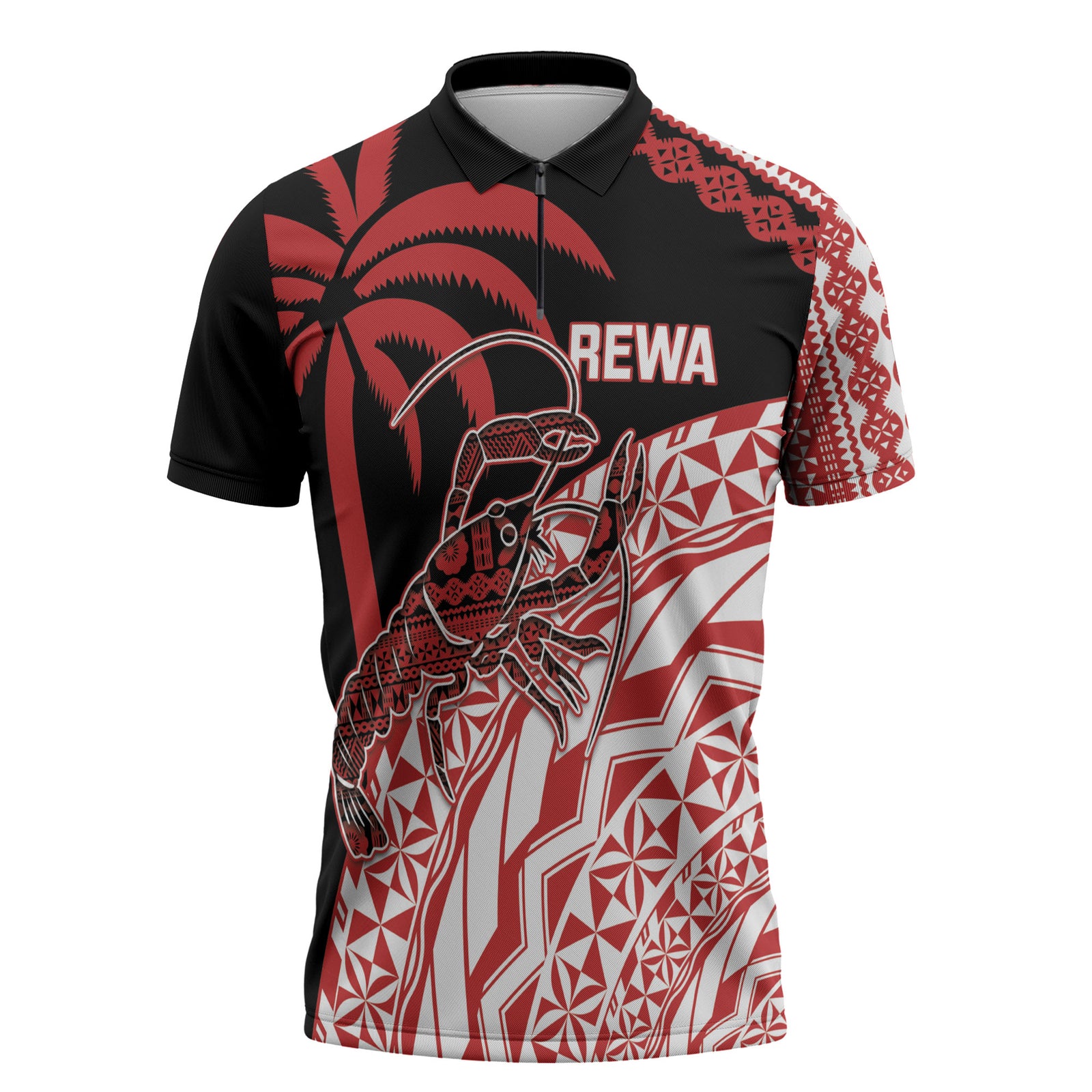 Rewa Fiji 2026 Rugby Custom Zipper Polo Shirt Ura Prawn Fijian Tapa Pattern LT14 Red - Polynesian Pride