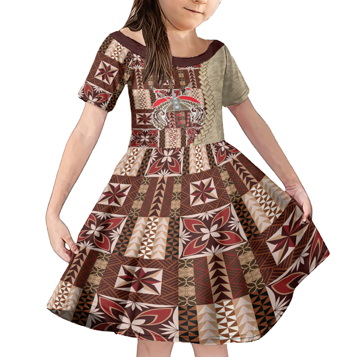 Samoa Tapau Kid Short Sleeve Dress Samoan Siapo Pattern LT14 KID Brown - Polynesian Pride