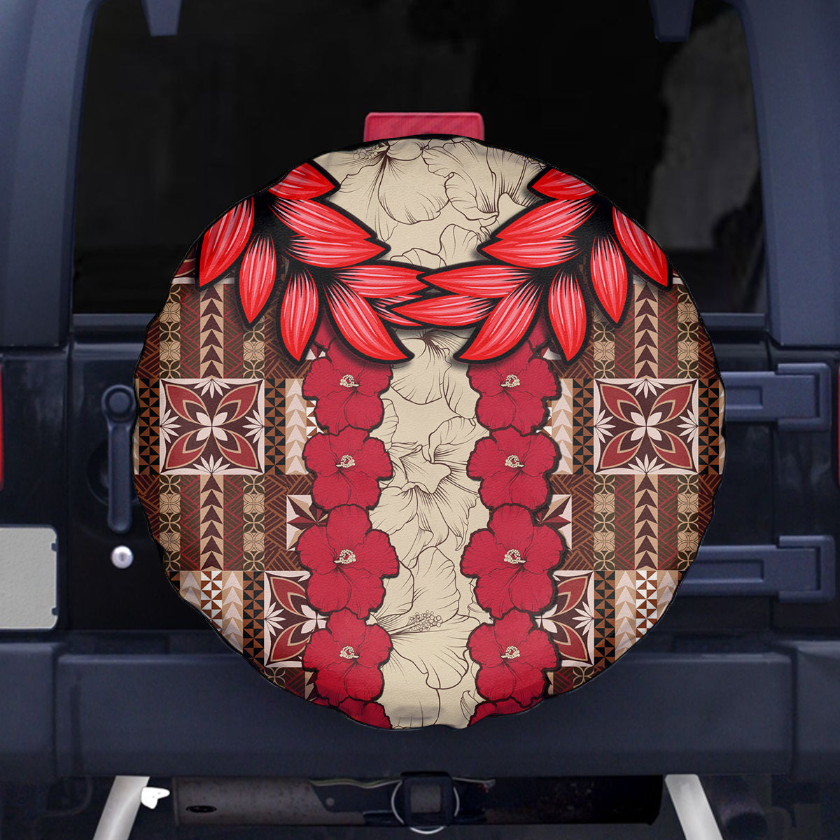 Samoa Siapo Spare Tire Cover Tapa Pattern Mix Ula Fala Hibiscus LT14 Brown - Polynesian Pride