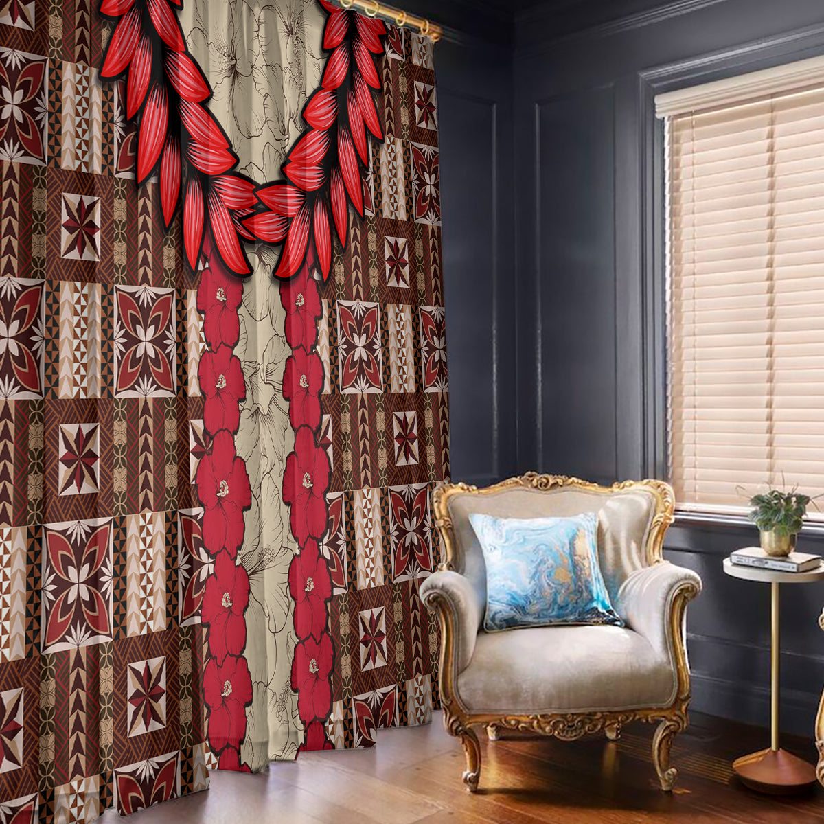 Samoa Siapo Window Curtain - Tapa Pattern Mix Ula Fala Hibiscus LT14 With Hooks Brown - Polynesian Pride