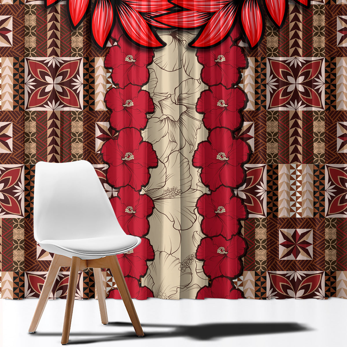 Samoa Siapo Window Curtain - Tapa Pattern Mix Ula Fala Hibiscus LT14 - Polynesian Pride
