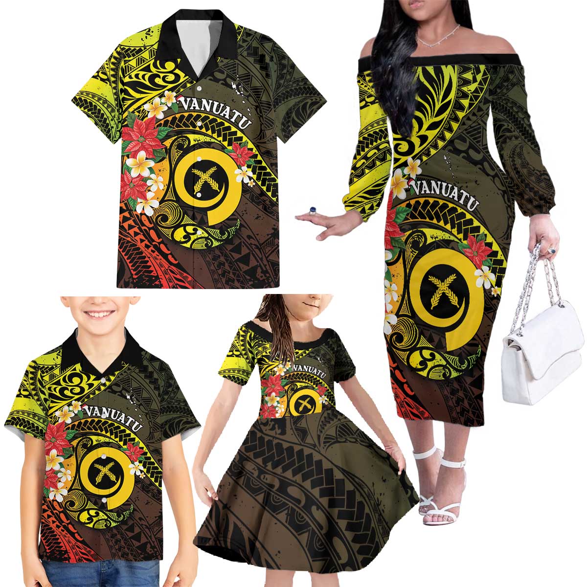 Vanuatu Christmas Family Matching Off The Shoulder Long Sleeve Dress and Hawaiian Shirt Vanuatuan Pig Tusk - Meri Krismas!