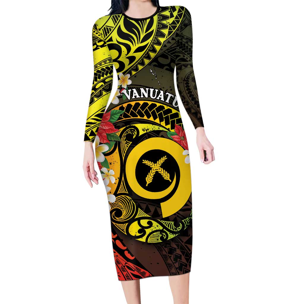 Vanuatu Christmas Long Sleeve Bodycon Dress Vanuatuan Pig Tusk - Meri Krismas! LT14 Long Dress Black - Polynesian Pride