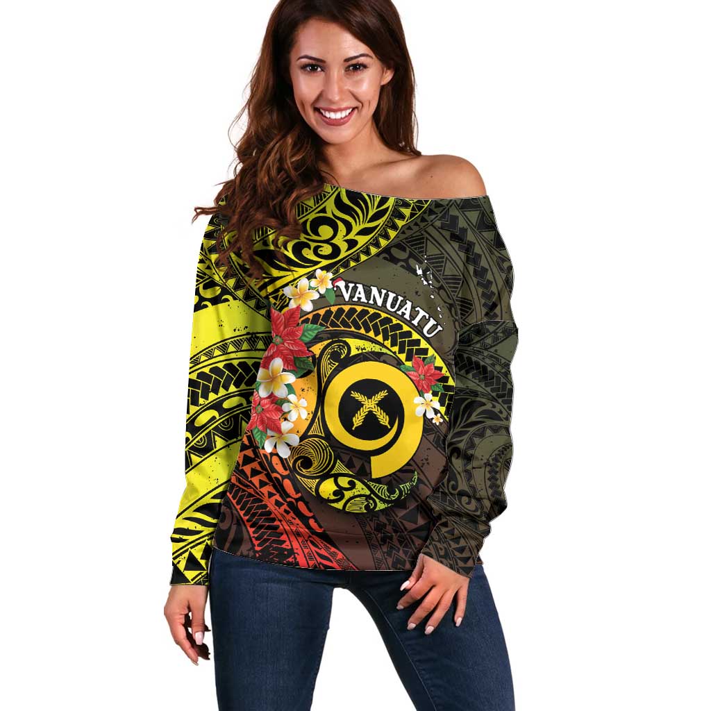 Vanuatu Christmas Off Shoulder Sweater Vanuatuan Pig Tusk - Meri Krismas! LT14 Women Black - Polynesian Pride