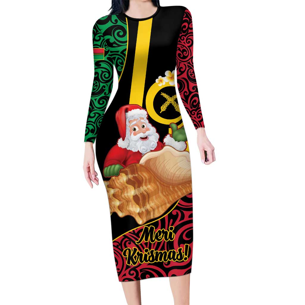 Vanuatu Christmas Long Sleeve Bodycon Dress Vanuatuan Conch Shell - Meri Krismas! LT14 Long Dress Black - Polynesian Pride