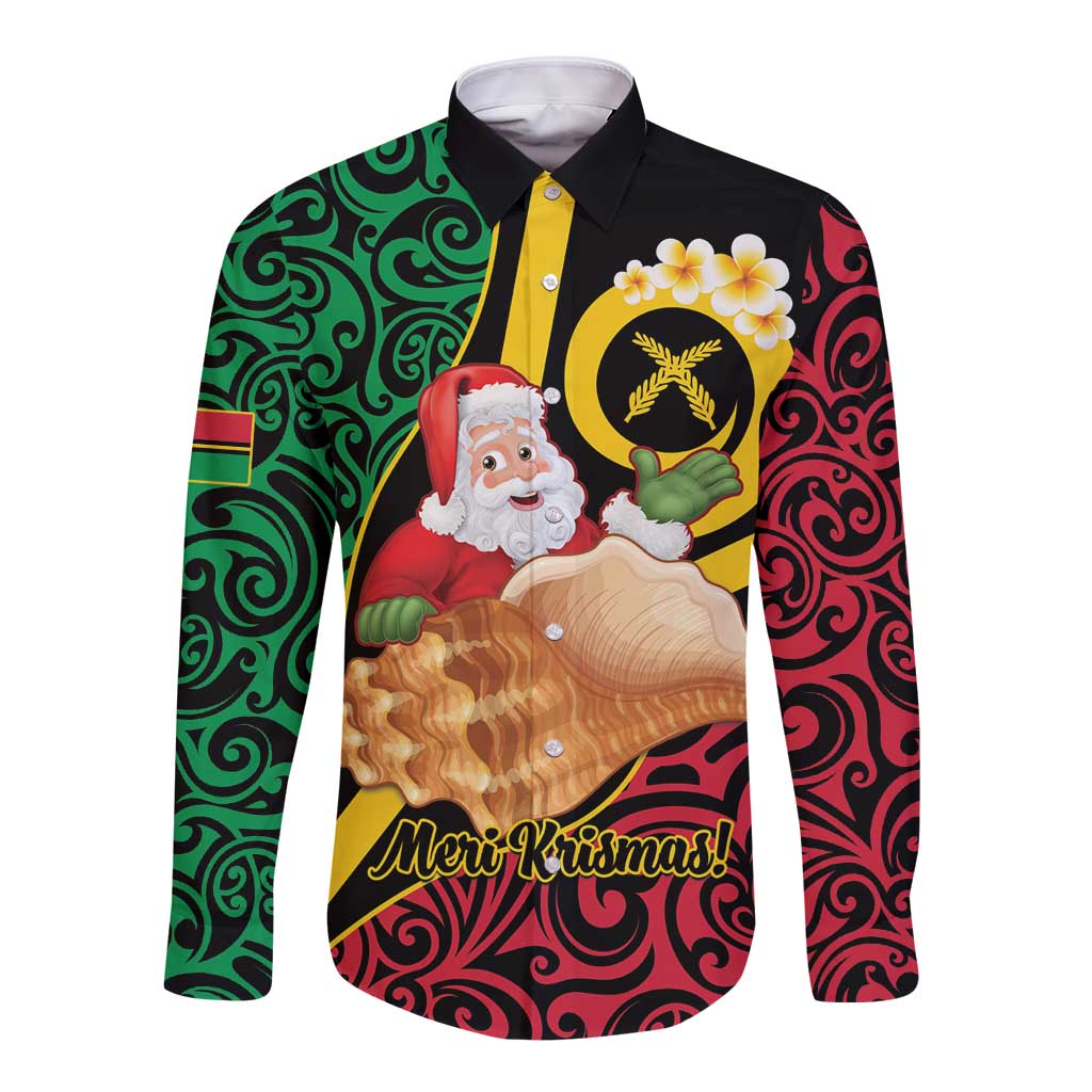 Vanuatu Christmas Long Sleeve Button Shirt Vanuatuan Conch Shell - Meri Krismas! LT14 Unisex Black - Polynesian Pride