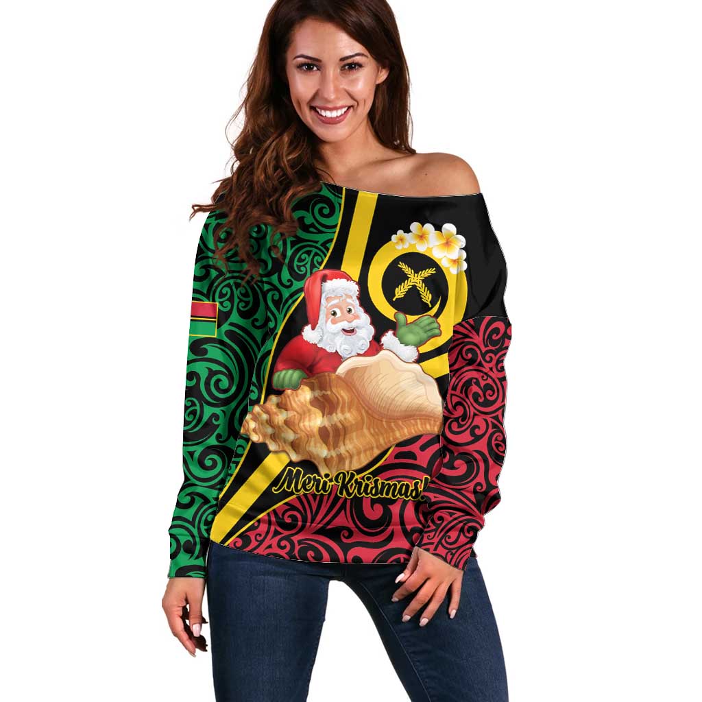 Vanuatu Christmas Off Shoulder Sweater Vanuatuan Conch Shell - Meri Krismas! LT14 Women Black - Polynesian Pride