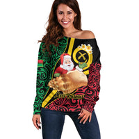 Vanuatu Christmas Off Shoulder Sweater Vanuatuan Conch Shell - Meri Krismas! LT14 Women Black - Polynesian Pride