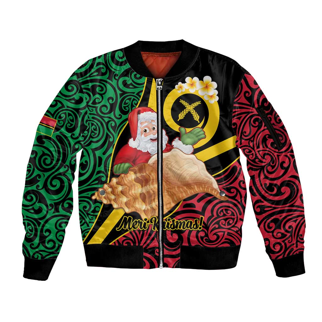 Vanuatu Christmas Sleeve Zip Bomber Jacket Vanuatuan Conch Shell - Meri Krismas! LT14 Unisex Black - Polynesian Pride