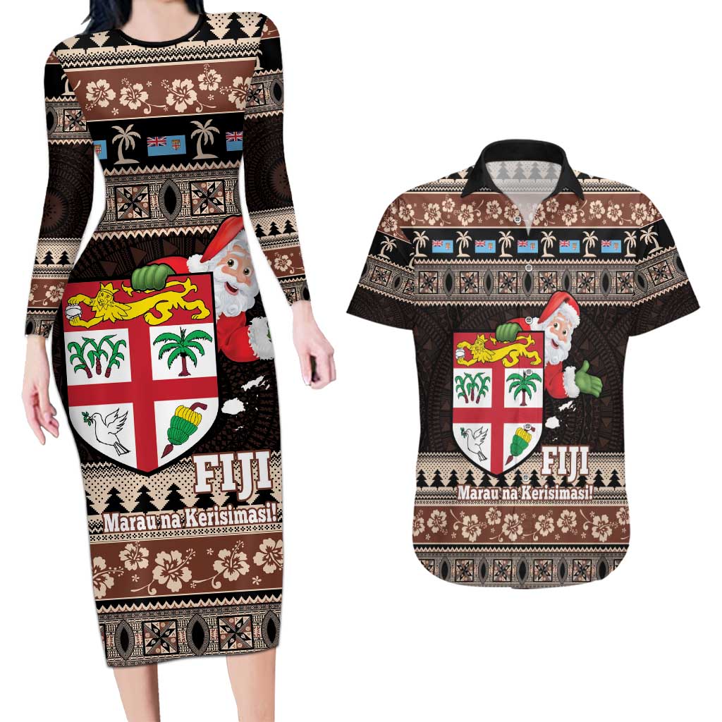 Fiji Christmas Couples Matching Long Sleeve Bodycon Dress and Hawaiian Shirt Fijian Masi Marau na Kerisimasi! - Brown