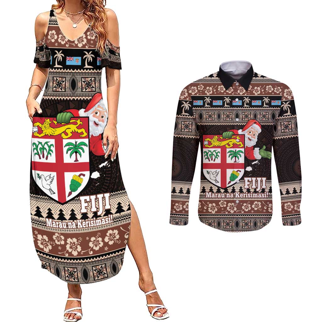 Fiji Christmas Couples Matching Summer Maxi Dress and Long Sleeve Button Shirt Fijian Masi Marau na Kerisimasi! - Brown