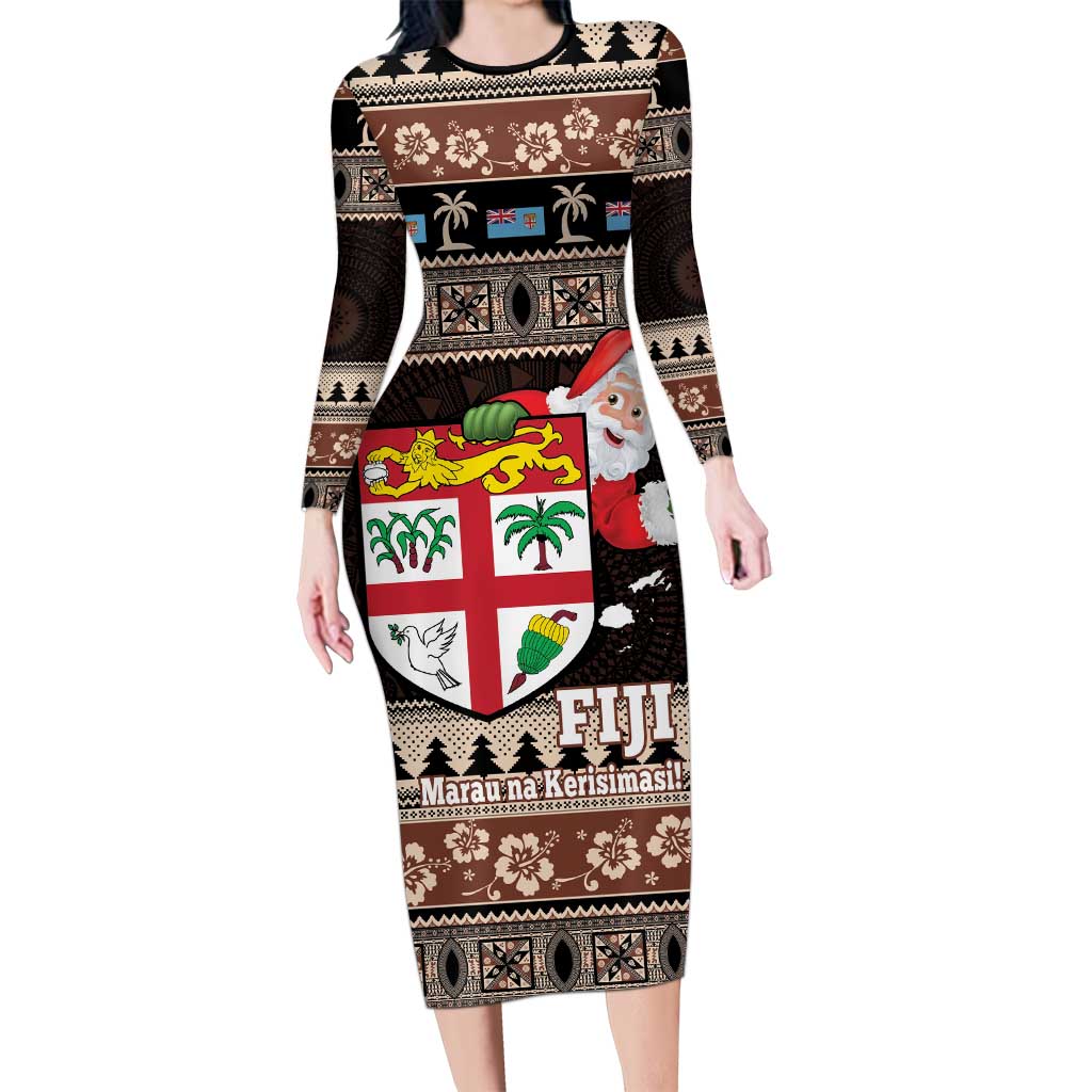 Fiji Christmas Long Sleeve Bodycon Dress Fijian Masi Marau na Kerisimasi! - Brown LT14 Long Dress Brown - Polynesian Pride