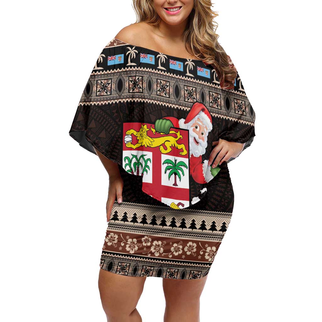 Fiji Christmas Off Shoulder Short Dress Fijian Masi Marau na Kerisimasi! - Brown LT14 Women Brown - Polynesian Pride