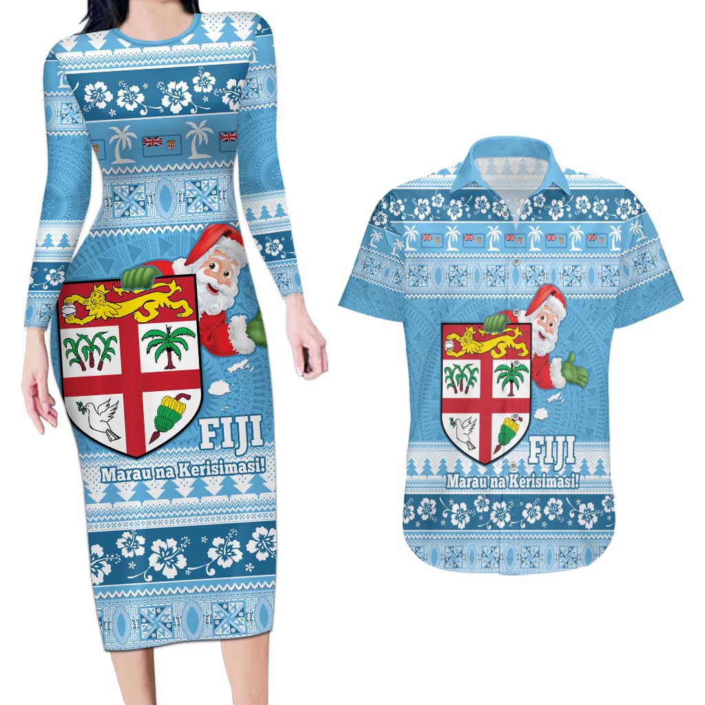 Fiji Christmas Couples Matching Long Sleeve Bodycon Dress and Hawaiian Shirt Fijian Masi Marau na Kerisimasi! - Blue