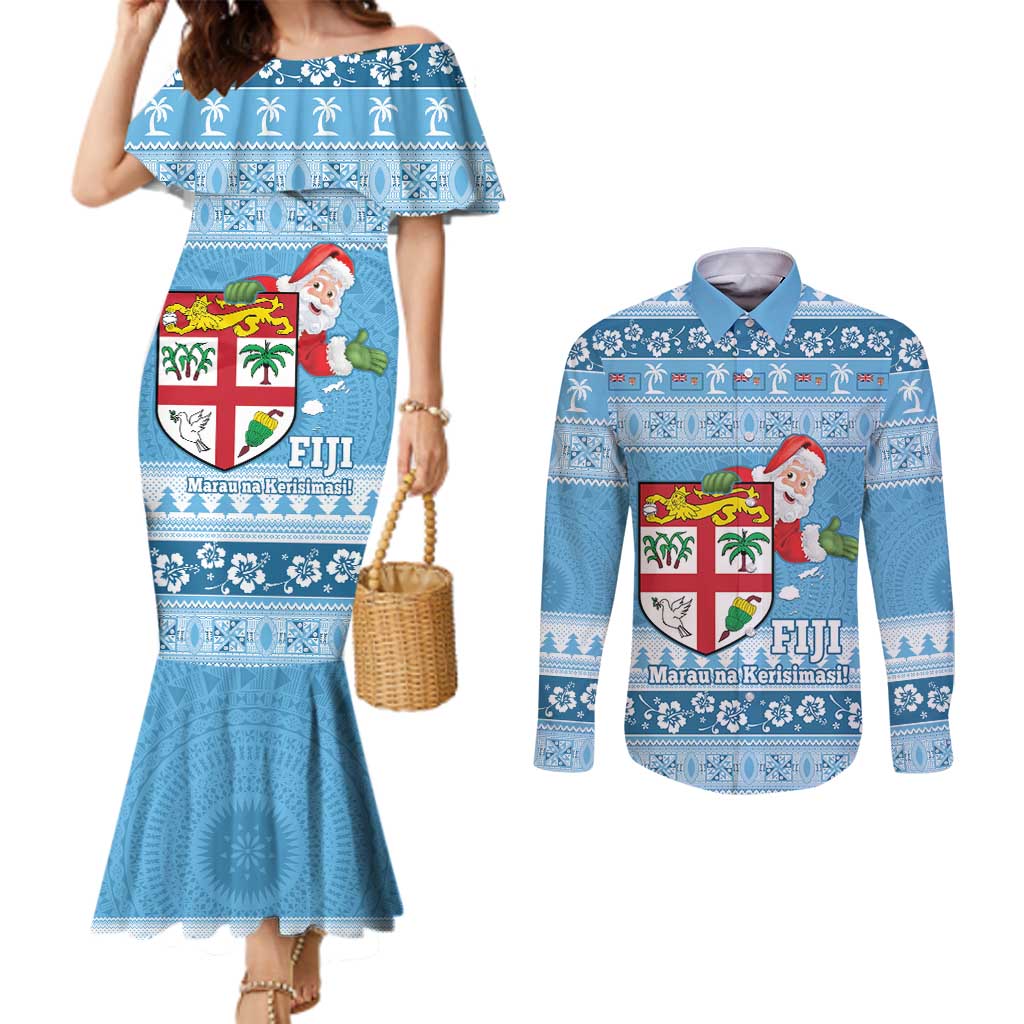 Fiji Christmas Couples Matching Mermaid Dress and Long Sleeve Button Shirt Fijian Masi Marau na Kerisimasi! - Blue