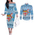 Fiji Christmas Couples Matching Off The Shoulder Long Sleeve Dress and Long Sleeve Button Shirt Fijian Masi Marau na Kerisimasi! - Blue