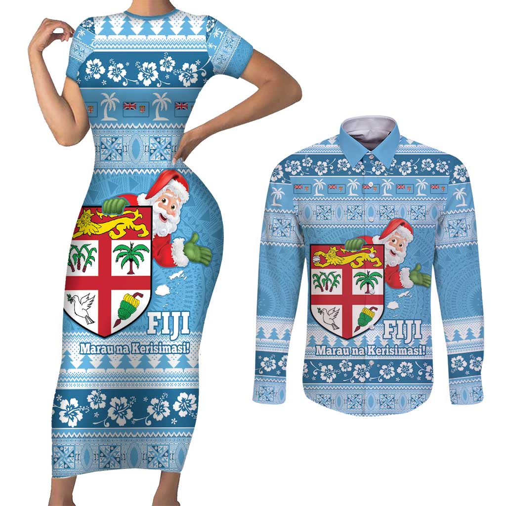 Fiji Christmas Couples Matching Short Sleeve Bodycon Dress and Long Sleeve Button Shirt Fijian Masi Marau na Kerisimasi! - Blue