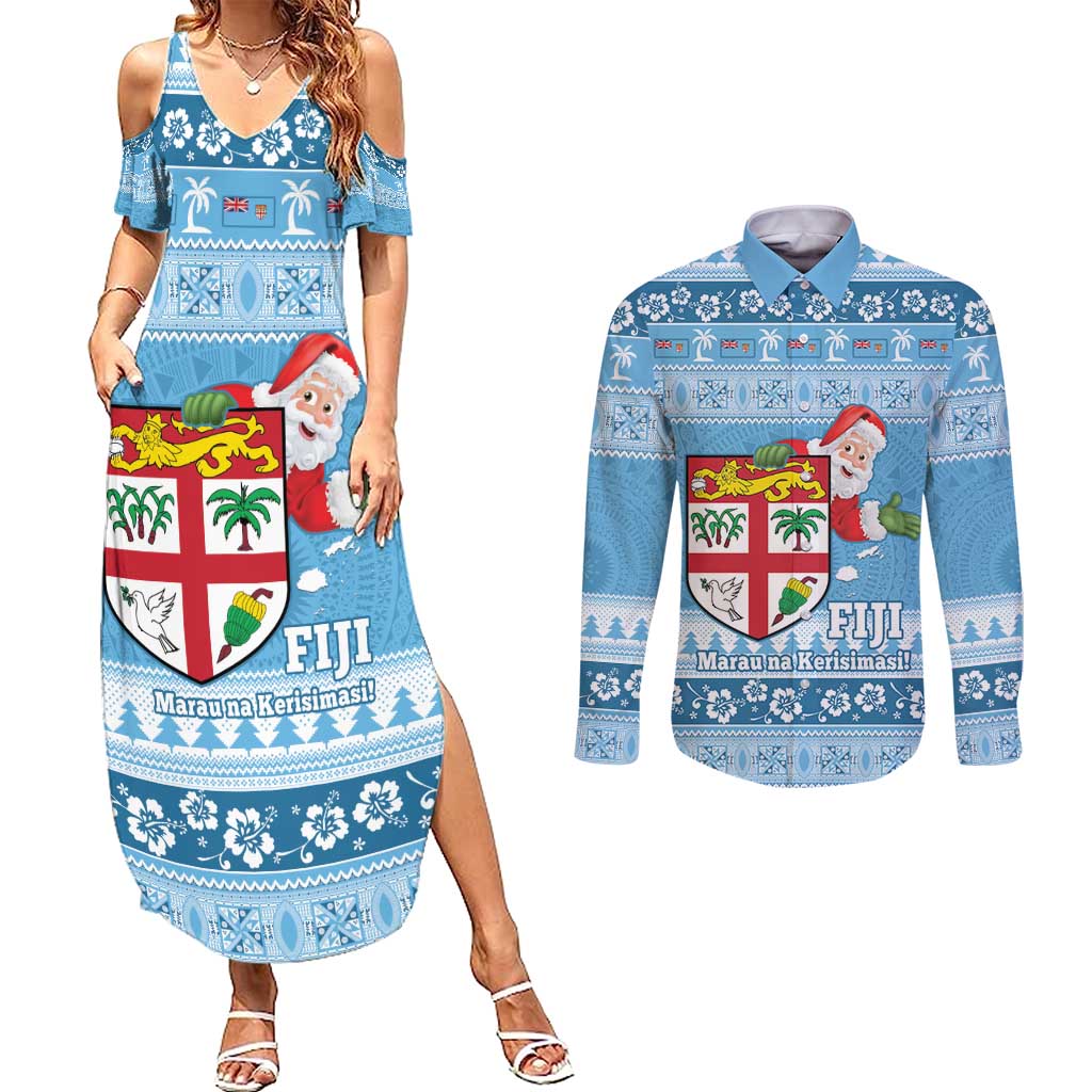 Fiji Christmas Couples Matching Summer Maxi Dress and Long Sleeve Button Shirt Fijian Masi Marau na Kerisimasi! - Blue