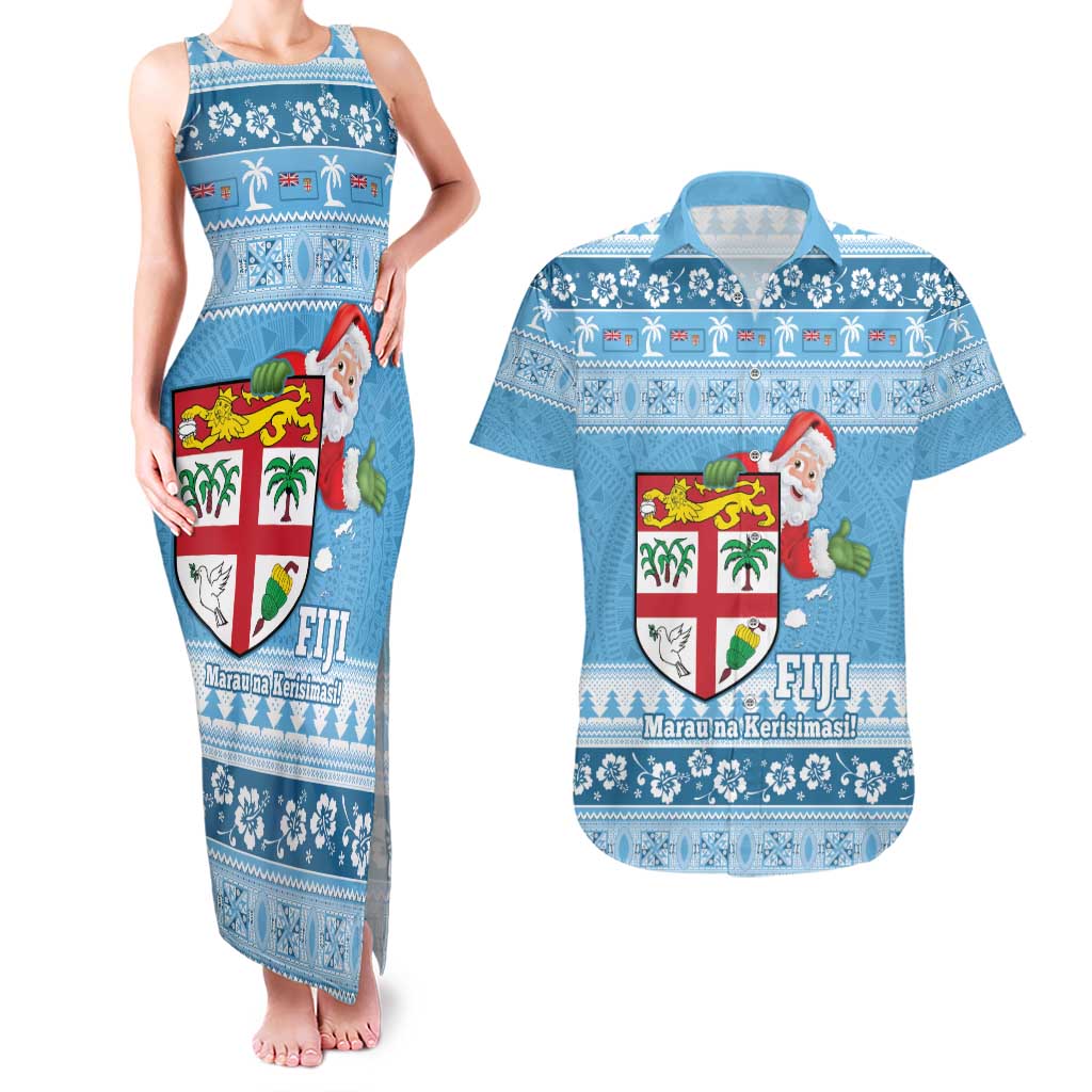 Fiji Christmas Couples Matching Tank Maxi Dress and Hawaiian Shirt Fijian Masi Marau na Kerisimasi! - Blue