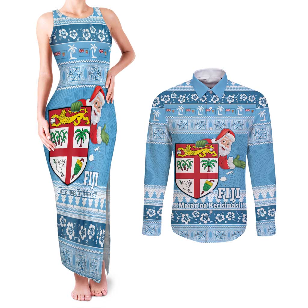 Fiji Christmas Couples Matching Tank Maxi Dress and Long Sleeve Button Shirt Fijian Masi Marau na Kerisimasi! - Blue