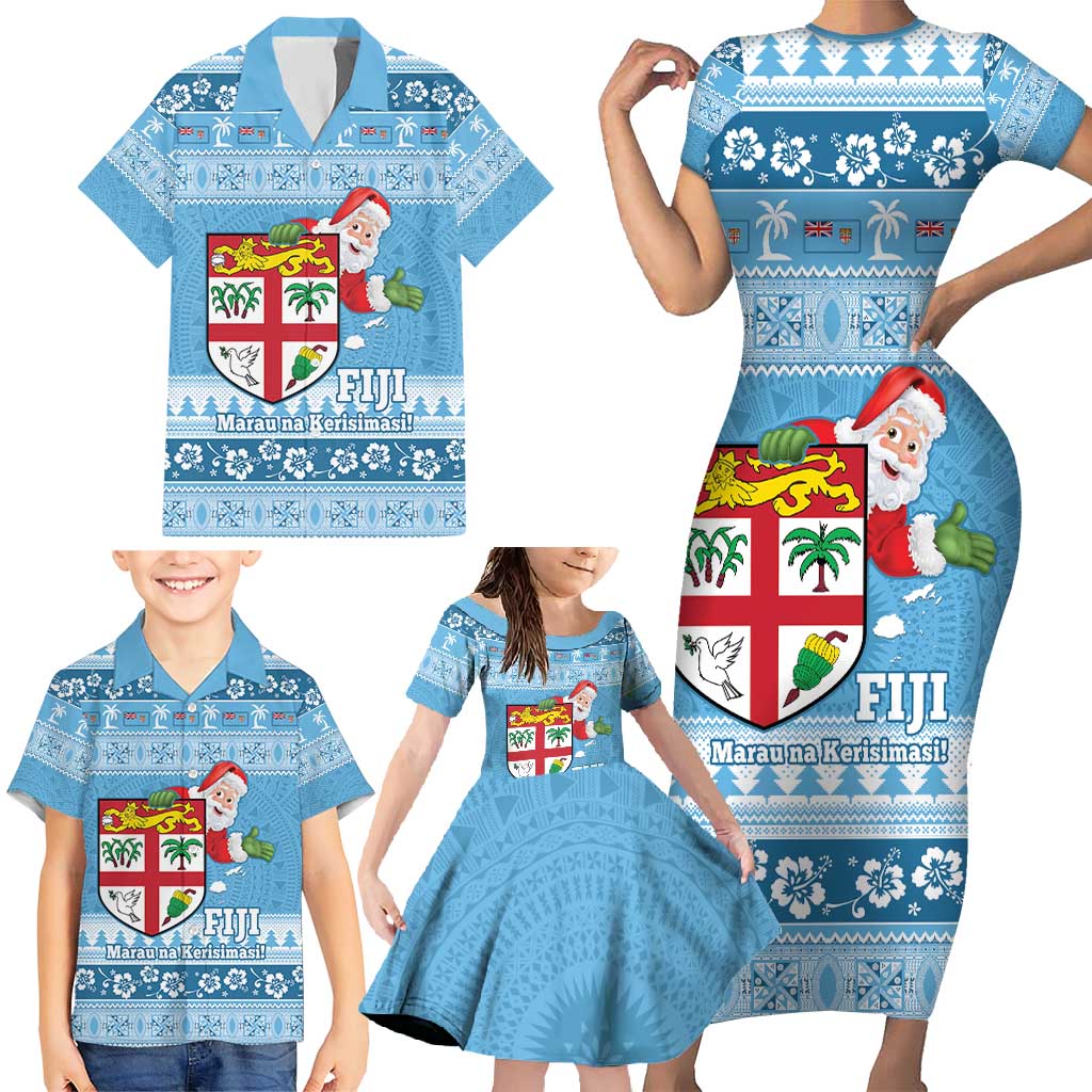 Fiji Christmas Family Matching Short Sleeve Bodycon Dress and Hawaiian Shirt Fijian Masi Marau na Kerisimasi! - Blue