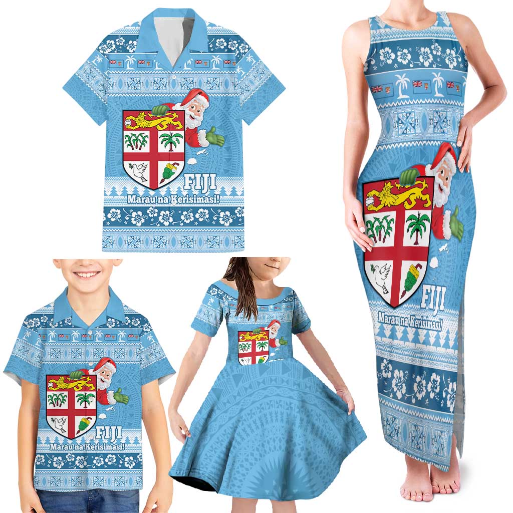 Fiji Christmas Family Matching Tank Maxi Dress and Hawaiian Shirt Fijian Masi Marau na Kerisimasi! - Blue