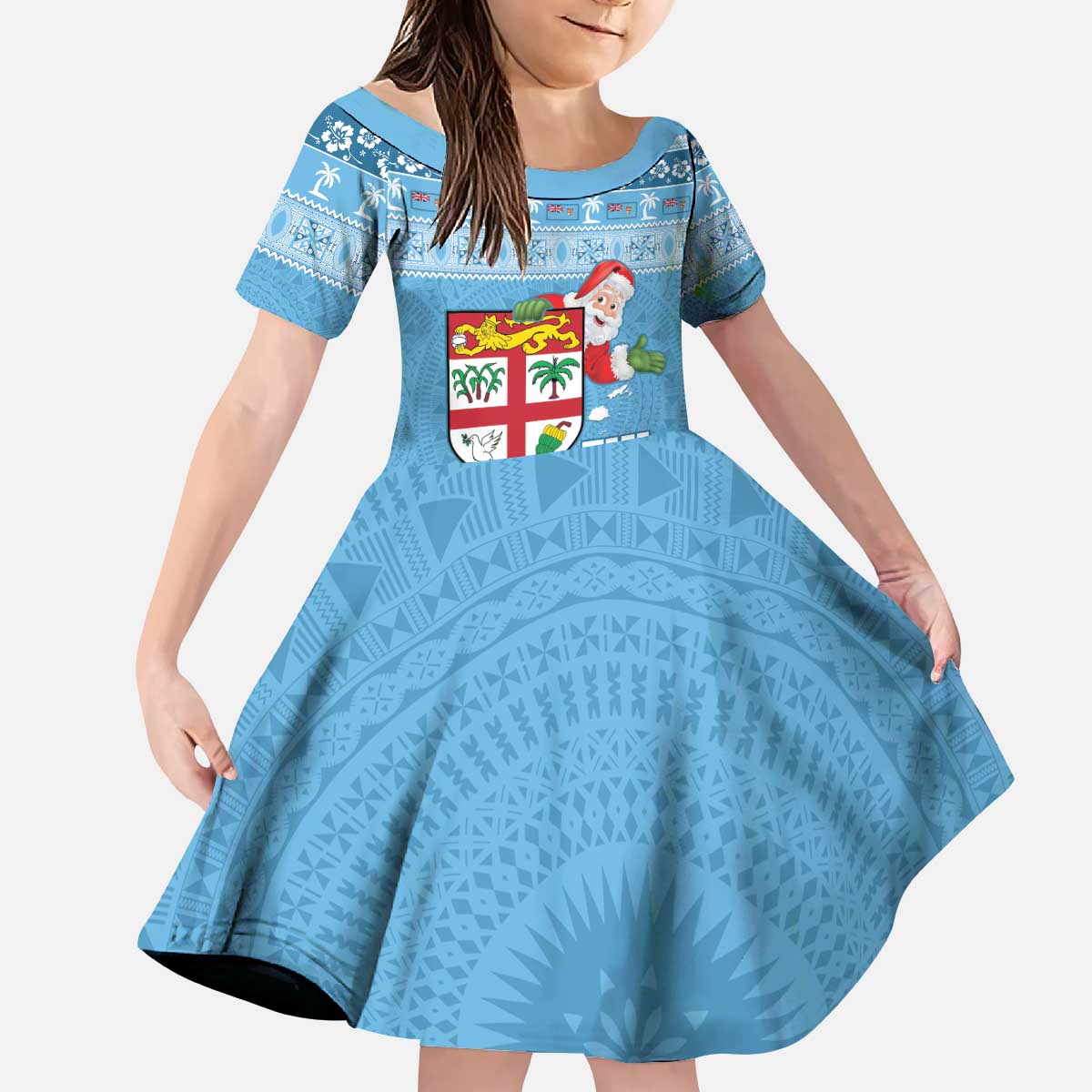 Fiji Christmas Kid Short Sleeve Dress Fijian Masi Marau na Kerisimasi! - Blue LT14 KID Blue - Polynesian Pride