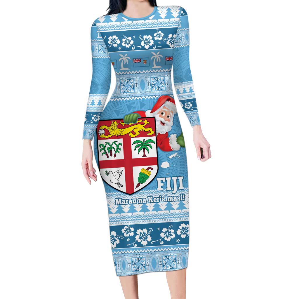 Fiji Christmas Long Sleeve Bodycon Dress Fijian Masi Marau na Kerisimasi! - Blue