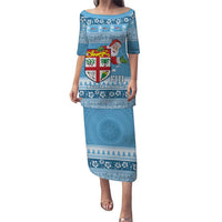Fiji Christmas Puletasi Fijian Masi Marau na Kerisimasi! - Blue LT14 Long Dress Blue - Polynesian Pride