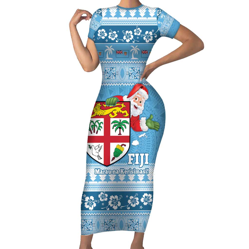 Fiji Christmas Short Sleeve Bodycon Dress Fijian Masi Marau na Kerisimasi! - Blue