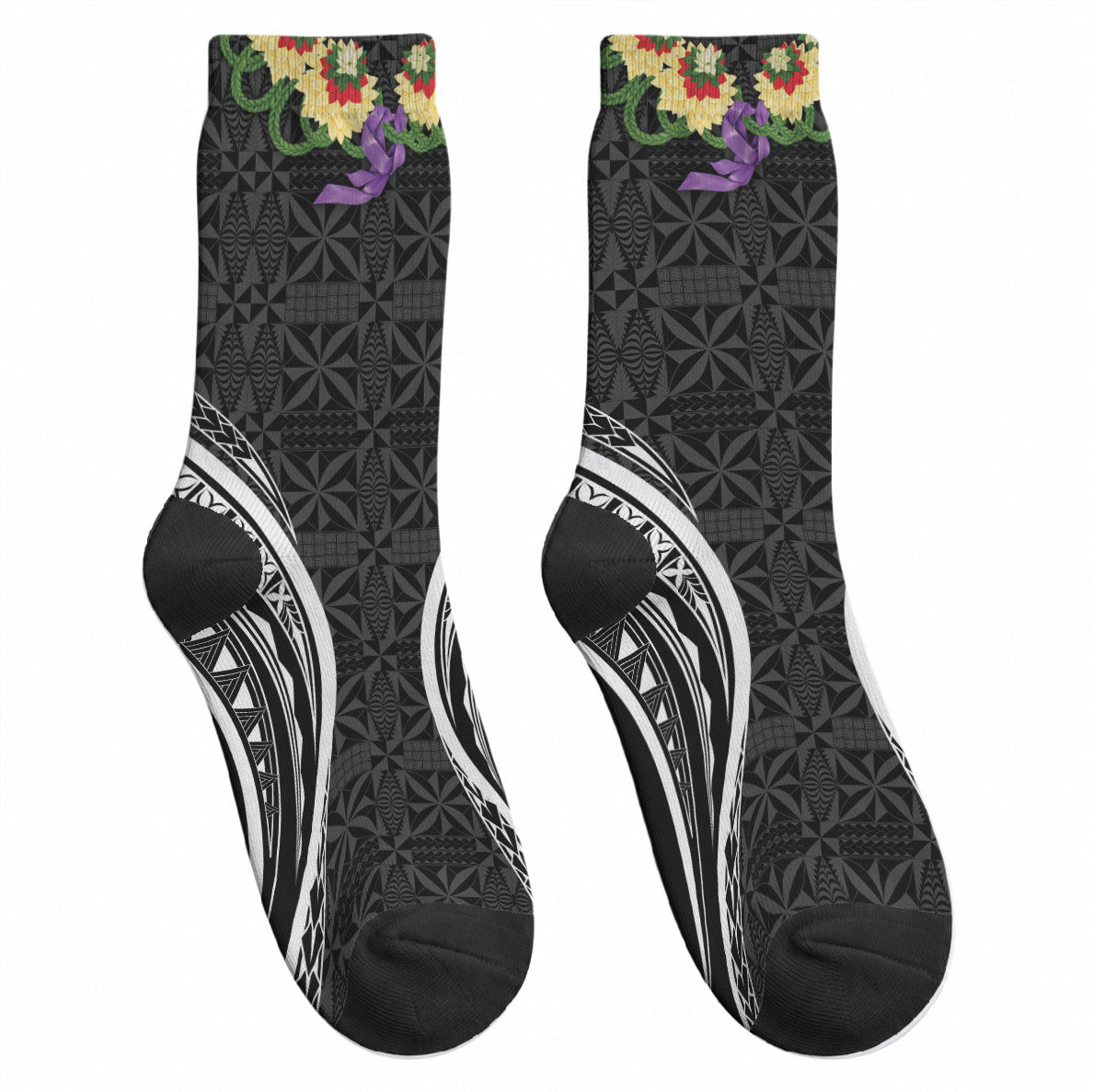 Black Tonga Ngatu Kahoa Lei Crew Socks LT14 - Polynesian Pride