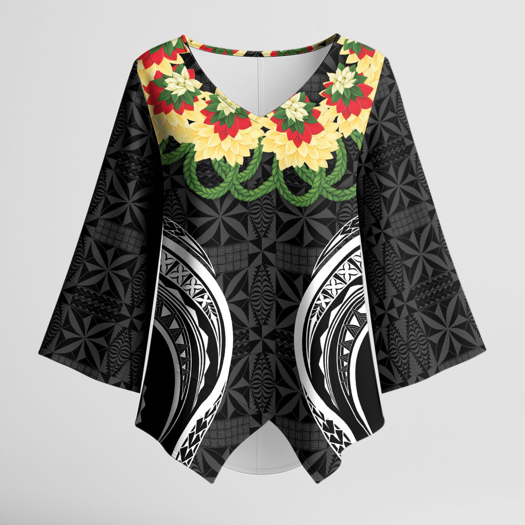 Black Tonga Ngatu Kahoa Lei Kimono Sleeve Blouse LT14 Female Black - Polynesian Pride