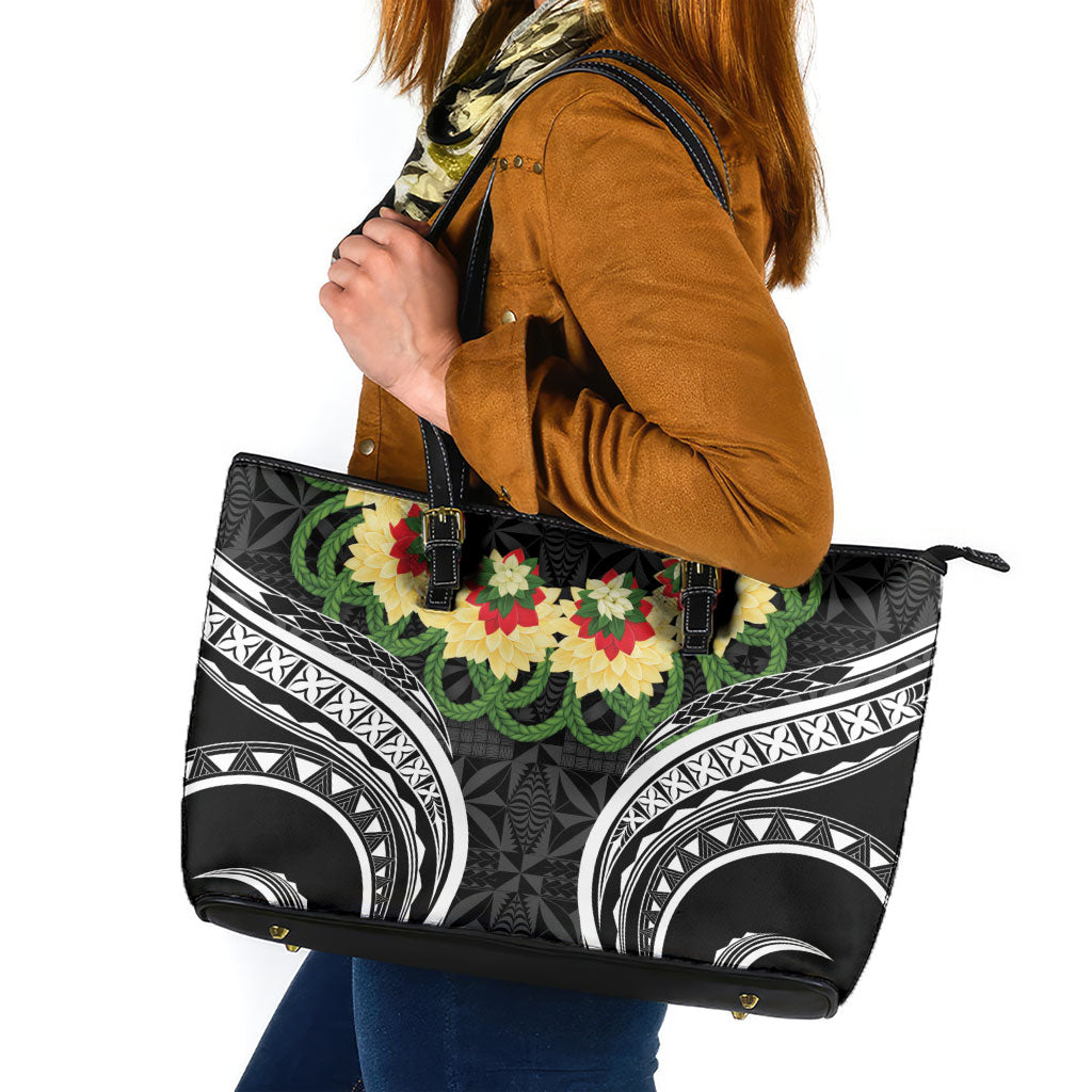 Black Tonga Ngatu Kahoa Lei Leather Tote Bag LT14 Black - Polynesian Pride