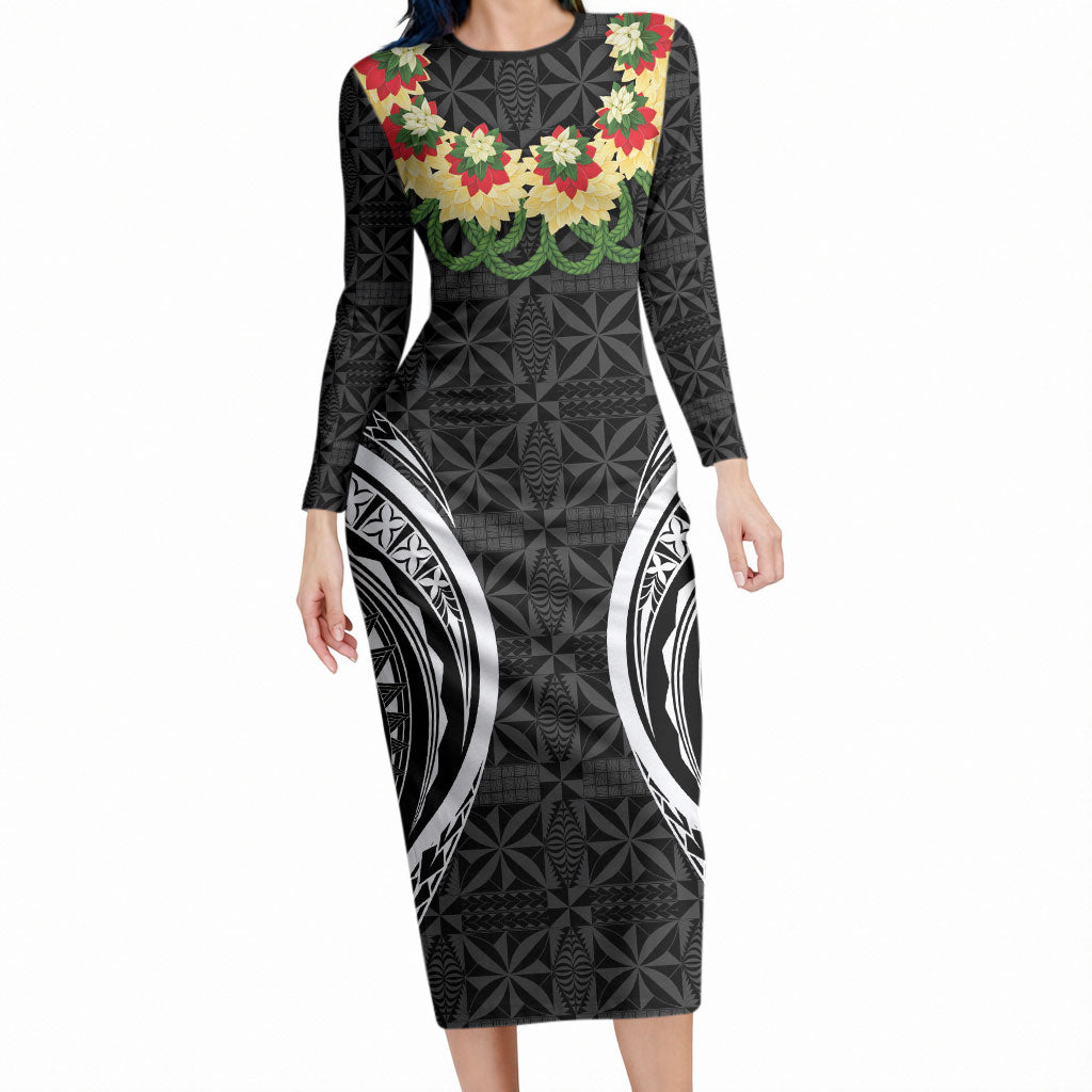 Black Tonga Ngatu Kahoa Lei Long Sleeve Bodycon Dress