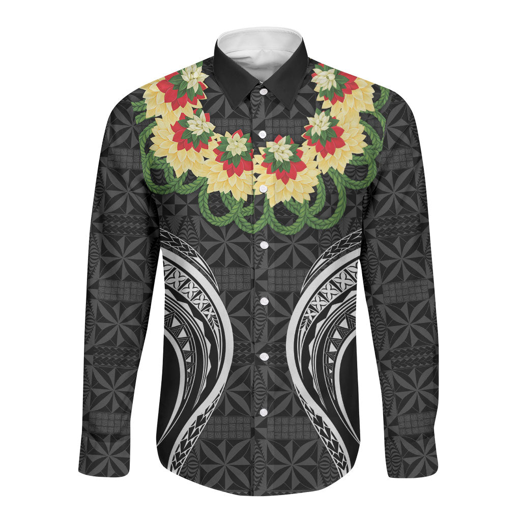Black Tonga Ngatu Kahoa Lei Long Sleeve Button Shirt LT14 Unisex Black - Polynesian Pride