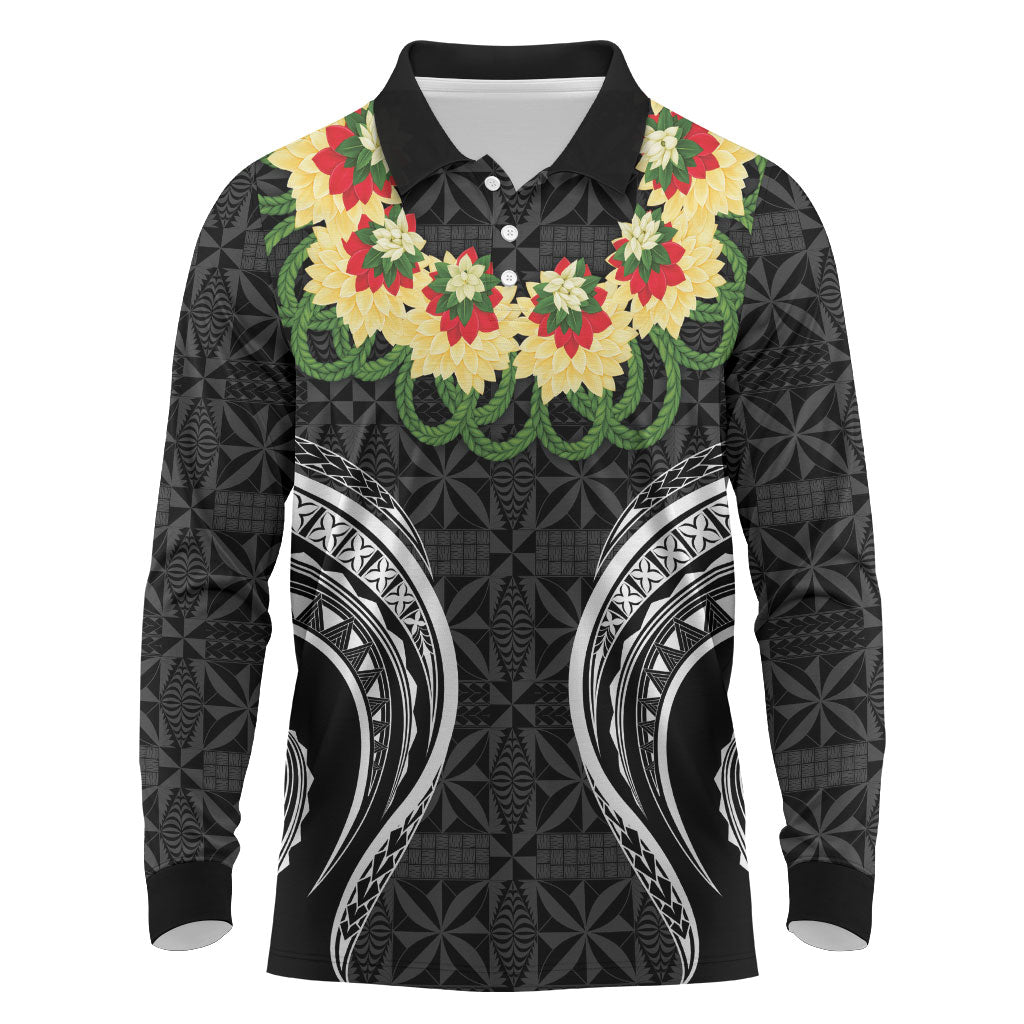 Black Tonga Ngatu Kahoa Lei Long Sleeve Polo Shirt LT14 Black - Polynesian Pride