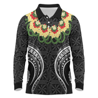Black Tonga Ngatu Kahoa Lei Long Sleeve Polo Shirt LT14 Black - Polynesian Pride
