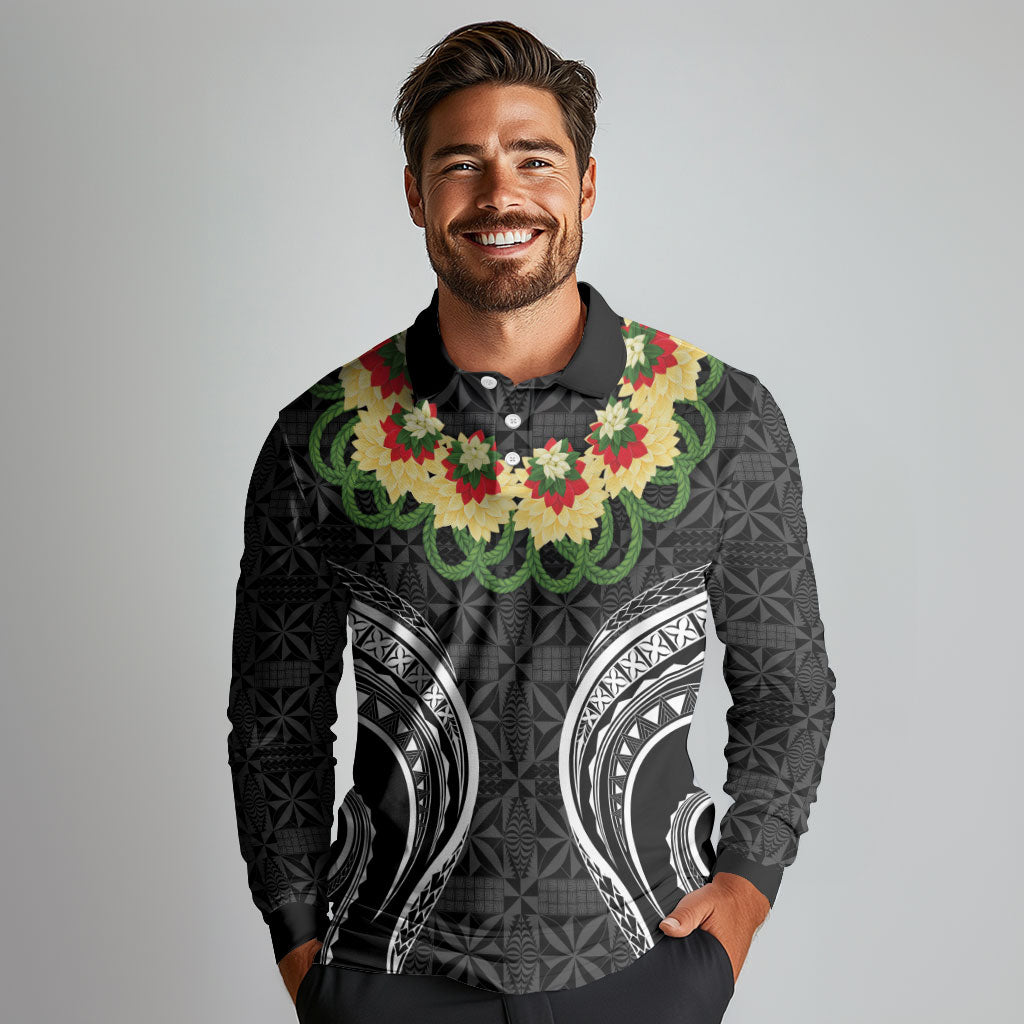 Black Tonga Ngatu Kahoa Lei Long Sleeve Polo Shirt LT14 - Polynesian Pride