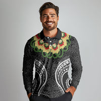 Black Tonga Ngatu Kahoa Lei Long Sleeve Polo Shirt LT14 - Polynesian Pride